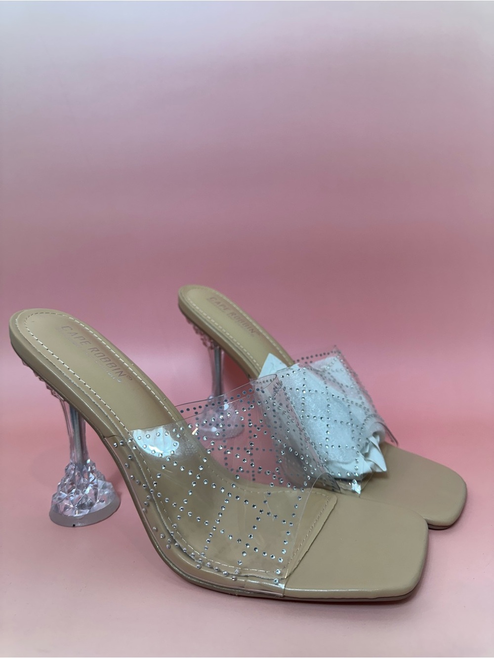 Cape Robbin Nude Rhinestone Crystal Slide Mule Heels Clear Strap